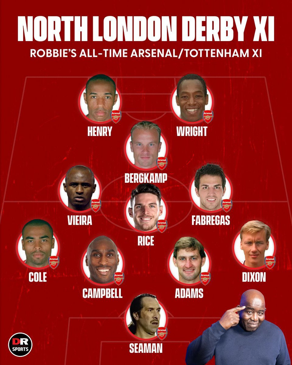 drsportsmedia's tweet photo. Robbie's ALL-TIME Arsenal vs Tottenham combined XI... 👀

#Arsenal #AFC #Spurs #THFC https://t.co/9oAT3NWv2H