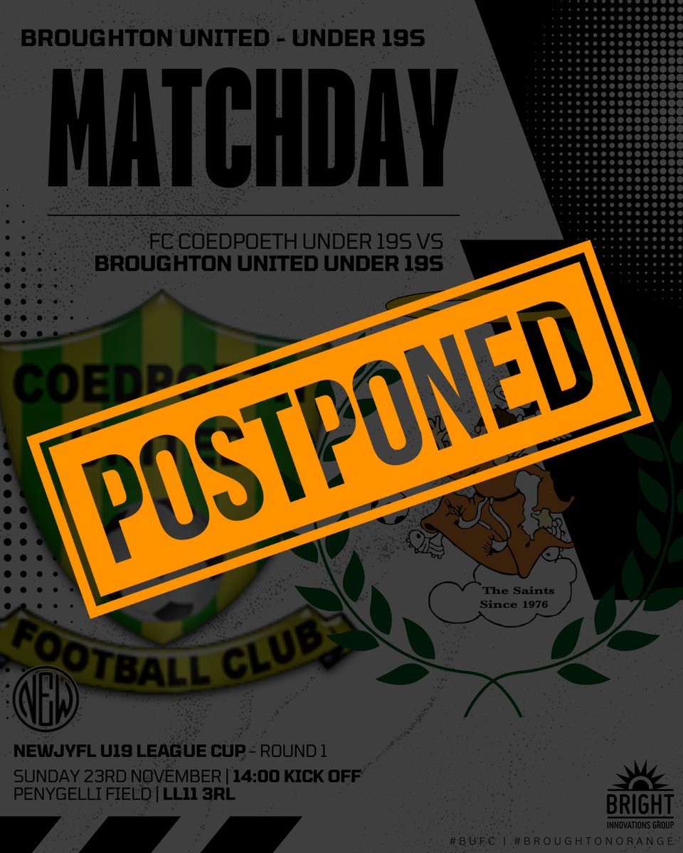 👎 | Unfortunately, todays Under 19's game is OFF due to a waterlogged pitch❌️

Details for next weeks games will be announced tomorrow🗣

#BUFC⚽️ | #BroughtonOrange🟠