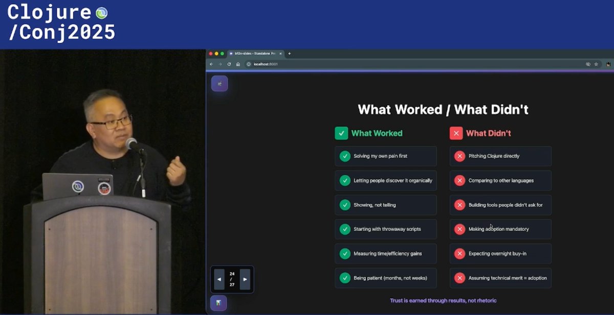 borkdude's tweet image. Very cool slide by Burin Choomnuan about what worked and what didn&apos;t to convince your colleagues to use #clojure (via #babashka) in his company,