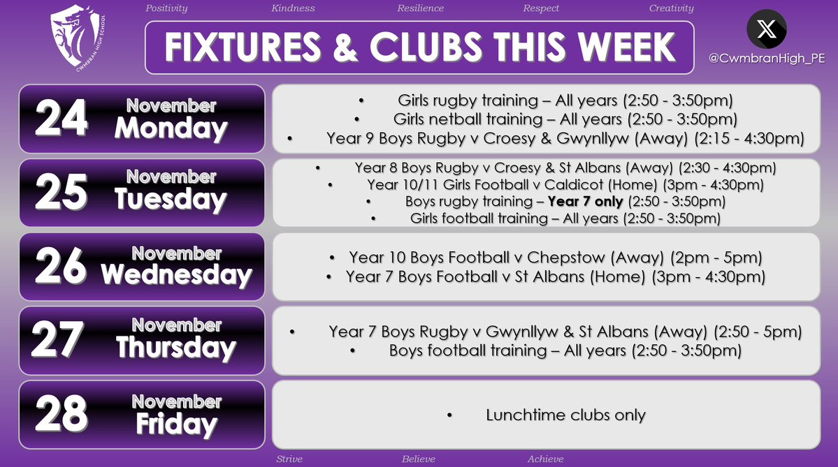 CwmbranHigh_PE's tweet image. Plenty of fixtures this week for both boys and girls teams and a few changes to after school training!⚽️ 🏉🏐#notinmissout #getinvolved