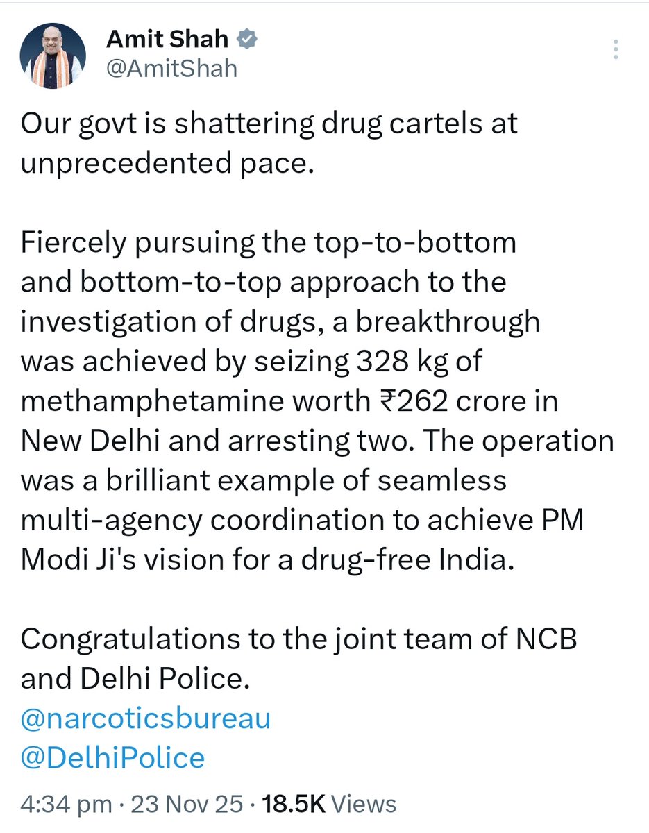 Our govt is shattering drug cartels at unprecedented pace. Fiercely  pursuing the top-to-bottom and bottom-to-top approach to the investigation  of drugs, a breakthrough was achieved by seizing 328 kg of methamphetamine  worth