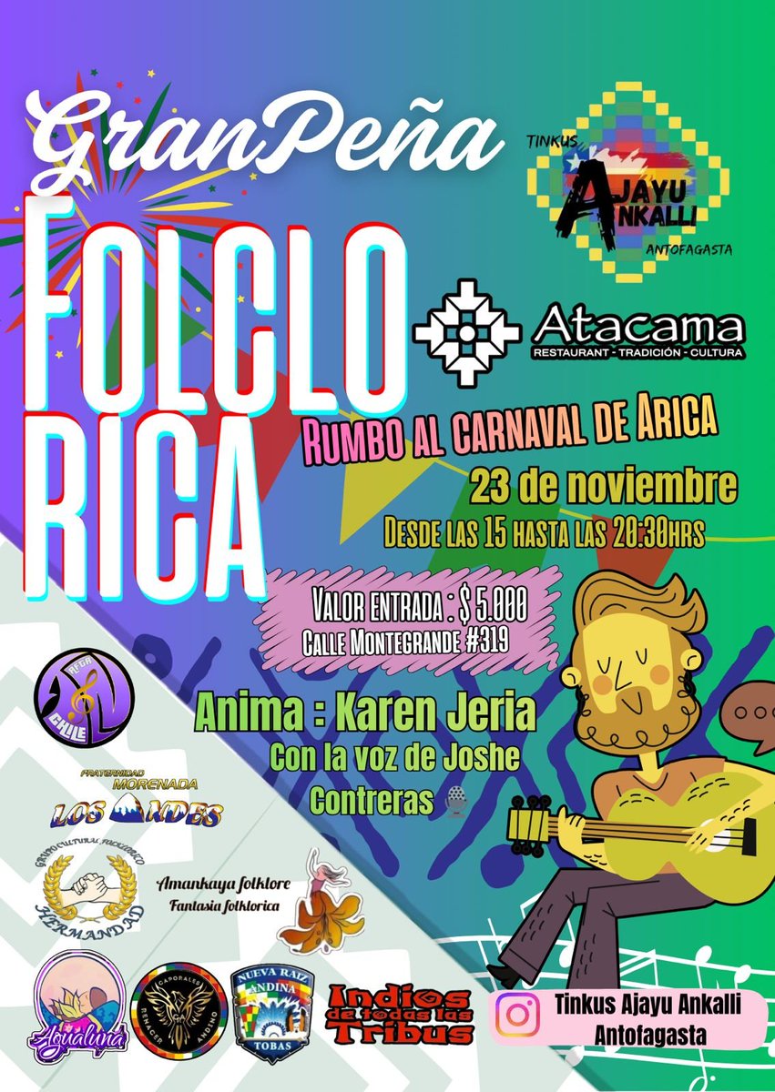 KimberlyCarva's tweet photo. Hoy en PUB ATACAMA realizamos gran peña folclórica para reunir fondos camino al carnaval de Arica. Ambiente familiar $5000 la entrada
#Antofagasta https://t.co/cRLDaMaJ4p