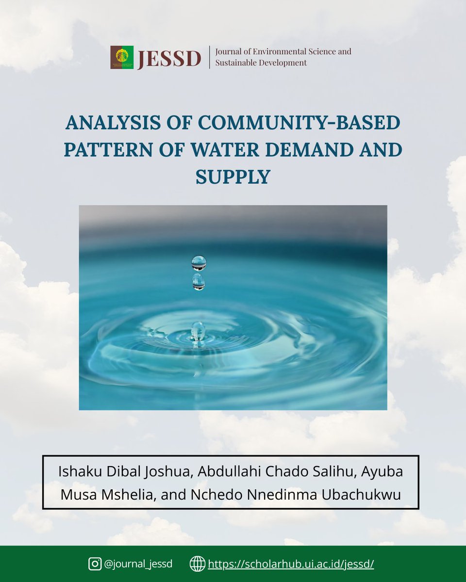 JournalJESSD's tweet image. This study investigates water demand and supply in Gombi, Adamawa State, Nigeria, showing per capita daily water use (49.9 L/c/d) below WHO standards. 

#JESSD #WaterManagement #SustainableDevelopment #EnvironmentalScience