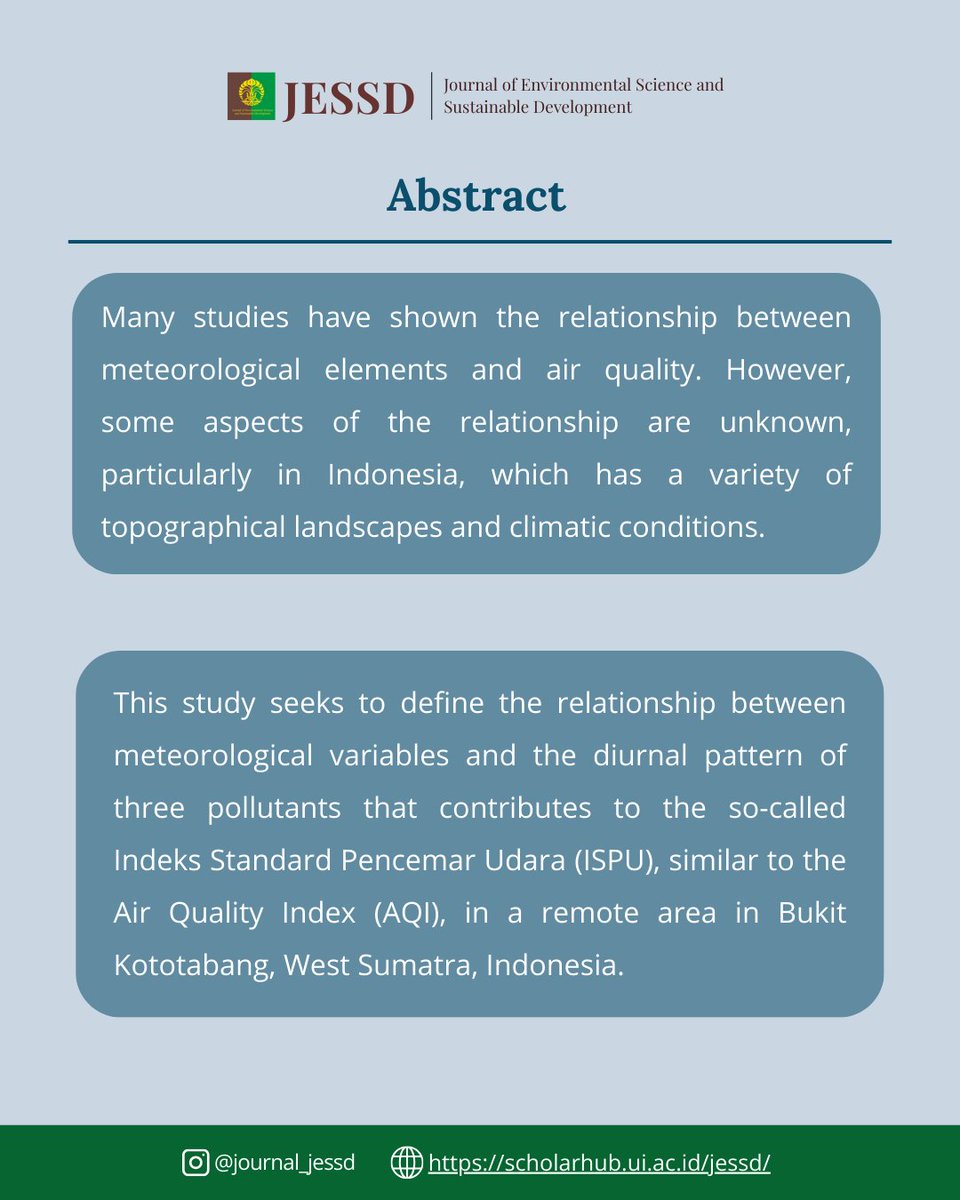 JournalJESSD's tweet image. DIURNAL VARIATIONS OF METEOROLOGICAL ELEMENTS TO FLUCTUATION OF AIR QUALITY PARAMETERS

Scopus link: scopus.com/pages/publicat…

Paper link: scholarhub.ui.ac.id/cgi/viewconten…

#JESSD #EnvironmentalScience #Research