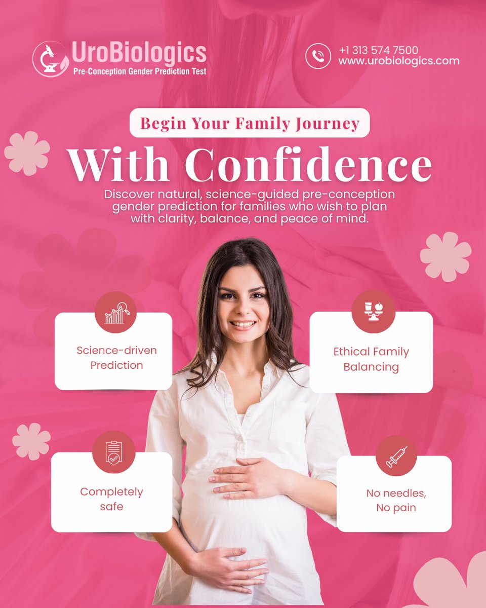 Urobiologics's tweet image. ✨ Begin Your Family Journey With Confidence 🤰💞
Science‑guided pre‑conception gender prediction for safe, stress‑free planning.
• 📊 Science‑driven • 🌿 Safe • 👨‍👩‍👧 Ethical • 💉❌ Needle‑free
👉 urobiologics.com | 📞 +1 313 574 7500
#UroBiologics #FamilyBalancing