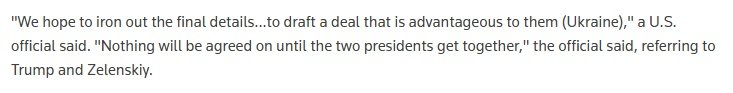 Gl0balBeacon's tweet photo. A U.S. official told Reuters that nothing will be agreed until Zelensky and Trump meet.
-Reuters https://t.co/zIV4VZiP8E