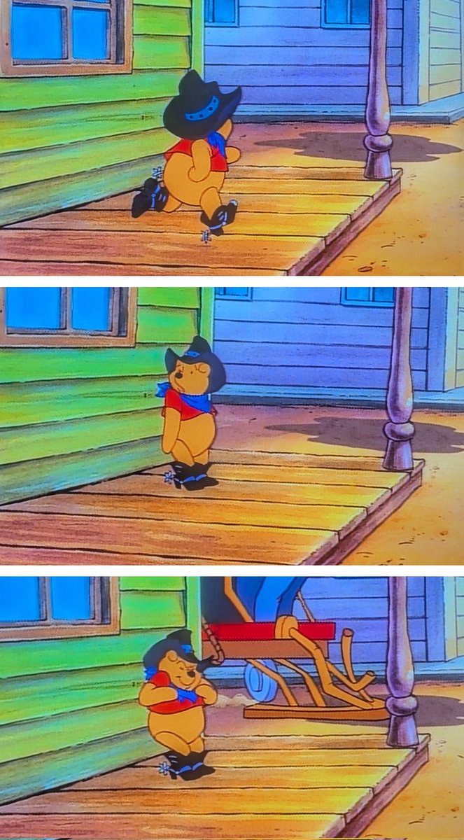 [プーさんのカウボーイ]は…

そのトンチキ西部劇な世界や各キャラ衣装…さり気なく伝える道徳感も然ることながら、、

何よりその不条理ギャグ表現が凄いの。

数秒に一度の間隔でコマ送りじゃないと気付かんような細かなギャグを放り込みながら…誰も触れない突っ込まない。

その鬼畜さ必見です。