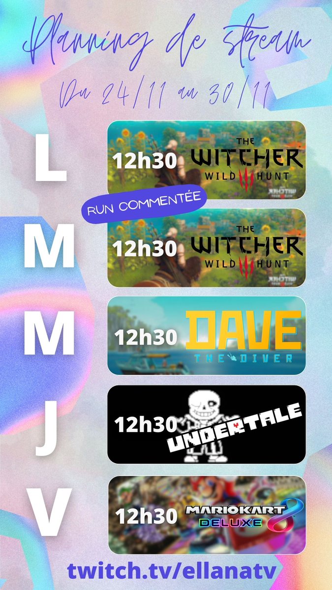 🎉 Hop, un planning sauvage apparaît !

🐺 Du The Witcher 3 (DLC) en run anecdotes, du Dave the Diver, Undertale et Mario Kart 8D pour te faire passer les après-midis les plus douces du monde !

Par ici : twitch.tv/ellanatv !