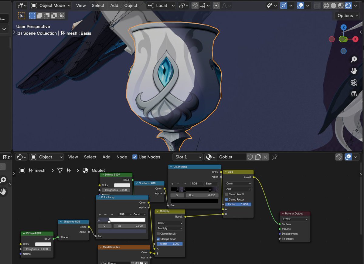 StarvingOrder's tweet image. Messing with artificial subsurface scattering over a toon shader. 

(Not sure why an Add modifier over the base shader didn&apos;t come to mind sooner. That seems kind of obvious, in hindsight.)