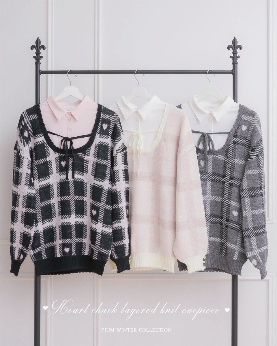 pium ハートチェックレイヤードニットワンピース ブラック ファー