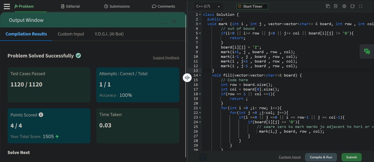 SaubanMohd42492's tweet image. Day  229 of GFG Challenge:
&quot;Replace O&apos;s with X&apos;s&quot;
  
Time Complexity: O(n * m)
Auxiliary Space: O(n * m)

@geeksforgeeks #GFGChallenge  #geeksforgeeks