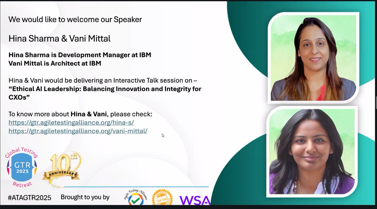 TestingRetreat's tweet image. DAY-2 TRACK-1 SESSION-7:Ethical AI Leadership: Balancing Innovation and Integrity for CXOs by Hina Sharma &amp;amp; Vani Mittal 🤖📷 #ATAGTR2025 #10th_Edition #VIRTUALCONFDAYS #WSA
@AgileTAlliance
@adigindia
@Tietoevry
@QAMENTOR1 
@ISquareIT
@SelectorsHub
@TheTestChat
@WS_Audiology