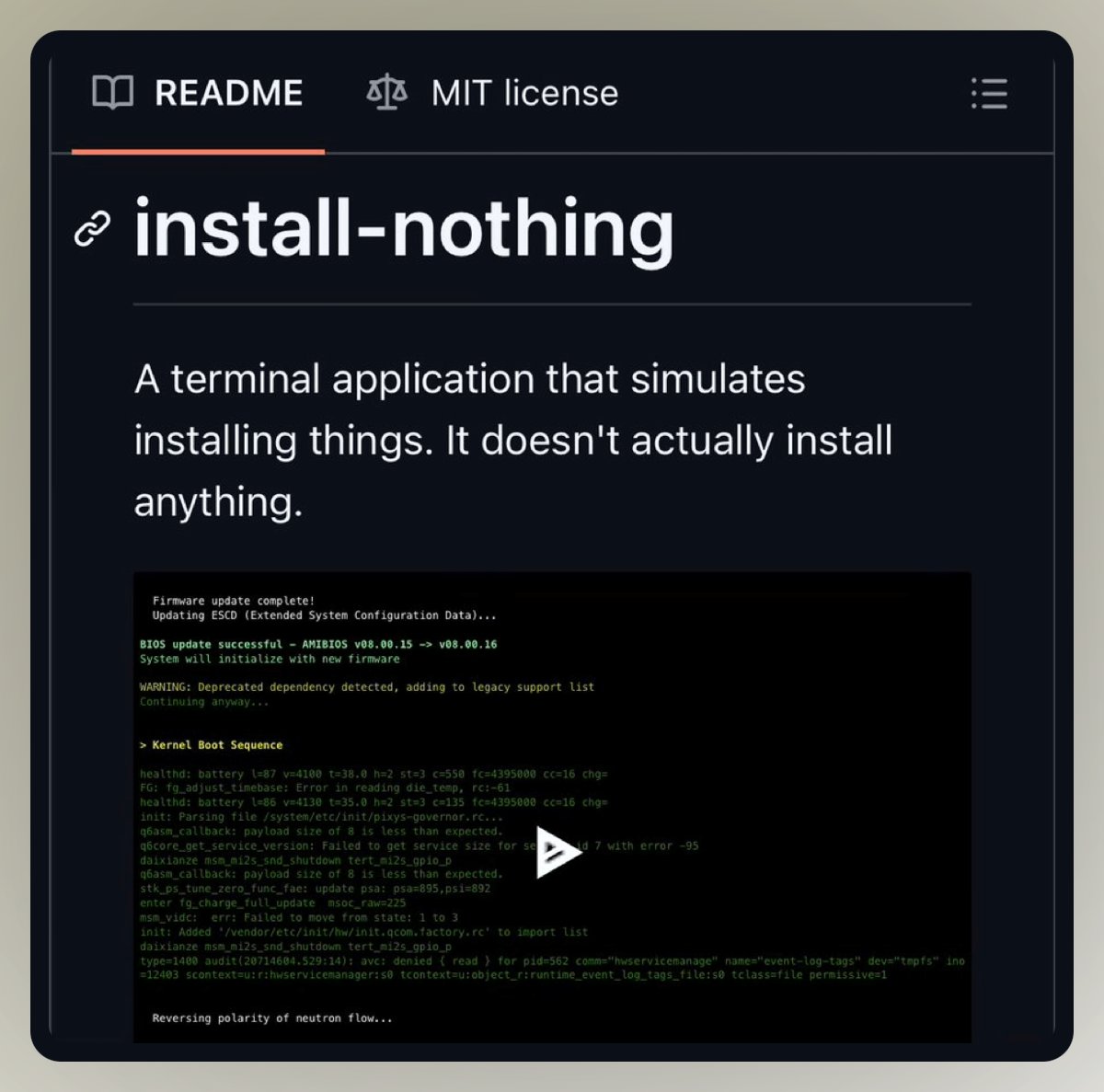 一个模拟安装但实际上不会安装任何东西的终端应用程序。