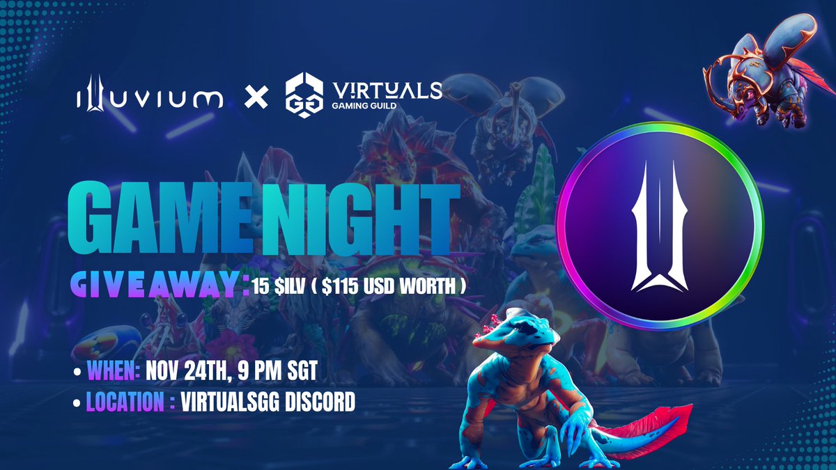 🎮 <a href="/illuviumio/">Illuvium</a> 🤝 <a href="/VirtualsGG/">Virtuals Gaming Guild 🎮👾</a> Game Night

Illuvium is a Web3 RPG and auto battler where players explore, collect Illuvials, and compete in intense Arena battles. Join us for an exciting Illuvium Game Night! ⚔️

 📑Event Details:
•📅When: November 24th (9 PM SGT)
•📍Where: