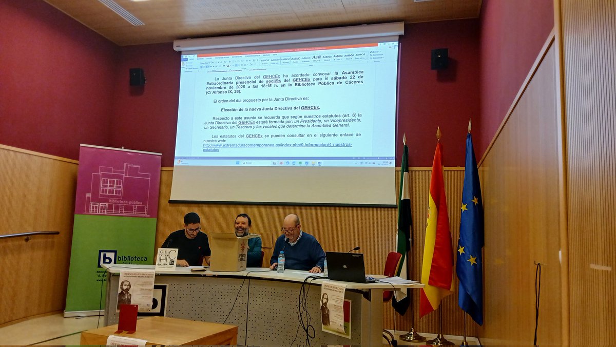 📷Ayer sábado 22 de noviembre también tuvo lugar la Asamblea Extraordinaria del GEHCEx en la que se eligió una nueva Junta Directiva.
En 2026 cumplimos...¡20 años! trabajando por y para la Historia Contemporánea de Extremadura.
#20AniversarioGEHCEx