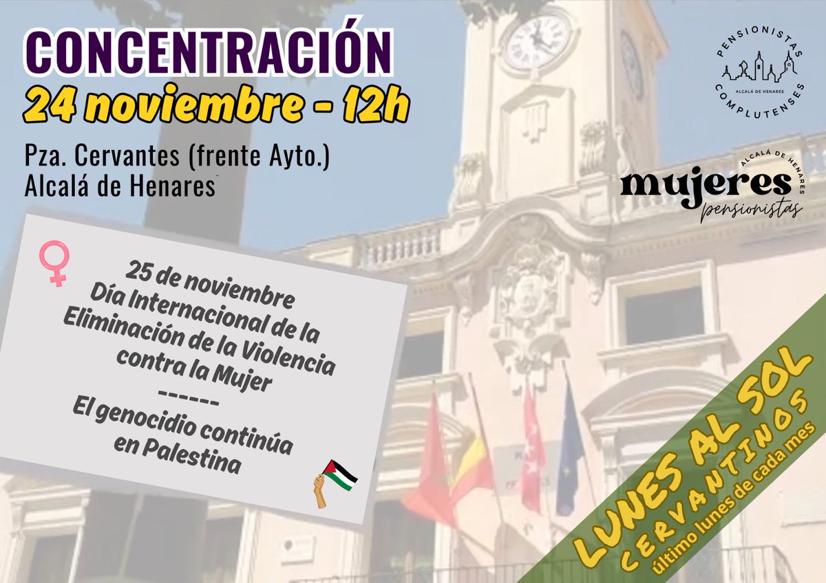 Junto al #MovimientoEstatalPensionista nos concentramos los lunes.
En Alcalá lo hacemos el último lunes de cada mes frente al <a href="/AytoAlcalaH/">Ayuntamiento de Alcalá de Henares</a> en defensa de las #PensionesPúblicas, la tuya 🫵 también.
#EliminaciónDeLaViolenciaContraLaMujer
#NoAlGenocidioEnPalestina