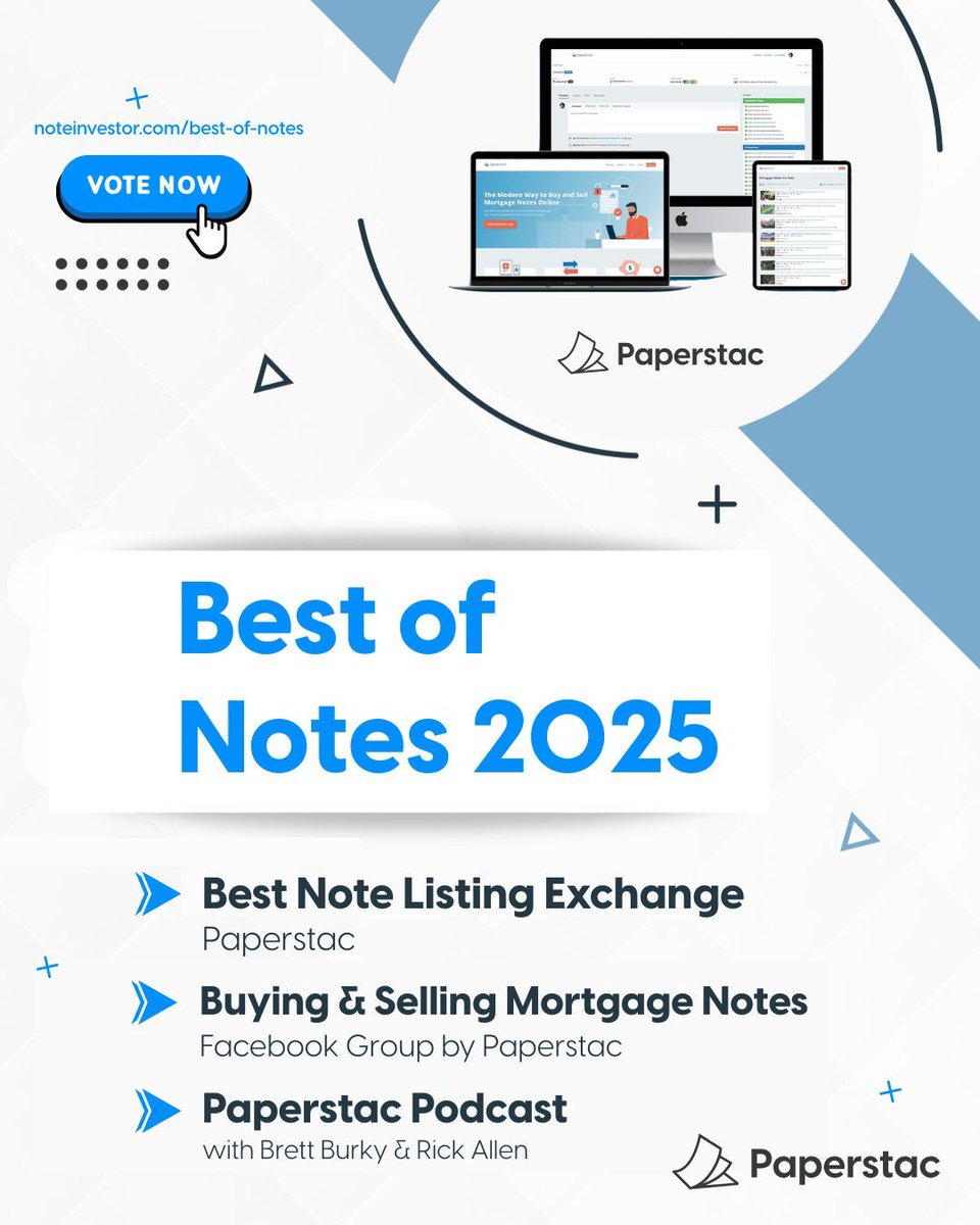 paper_stac's tweet image. Exciting news! Paperstac is nominated for THREE Best of Notes 2025 awards. 

Vote for us at noteinvestor.com/best-of-notes

Your vote means everything to our team—thank you for your support! 🙌​​​​​​​​​​​​​​​​

#NoteInvesting #Paperstac