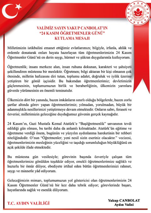 Vali Yakup Canbolat’tan Öğretmenler Günü Mesajı
