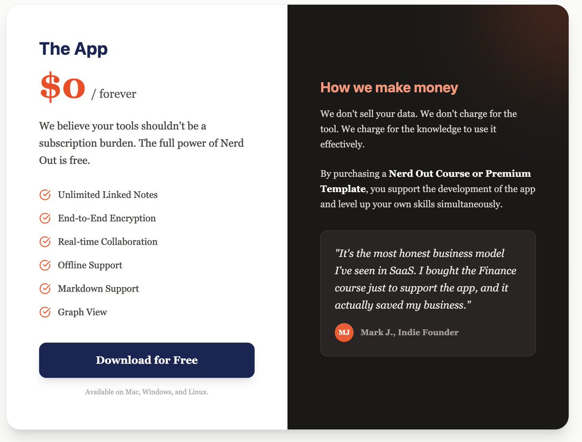 Here's my current thinking on my linked note-taking  software's pricing (with a fake, placeholder quote included 🙃). Launching in Q1 2026.