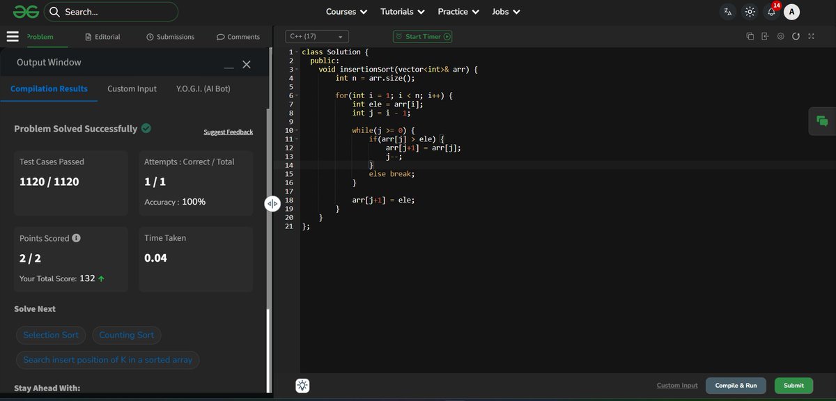 AshutoshP2128's tweet image. 🧠 Day-14 of my #100DaysOfCode - DSA Challenge! 💻

Solved 3 sorting problem today:
✅ Selection Sort [O(n^2), O(1)]
✅ Bubble Sort [O(n^2), O(1)]
✅ Insertion Sort [O(n^2), O(1)]

💾 Code: github.com/Ashutosh2128/C…

#DSA #LeetCode #GFG #ProblemSolving #CodingChallenge
