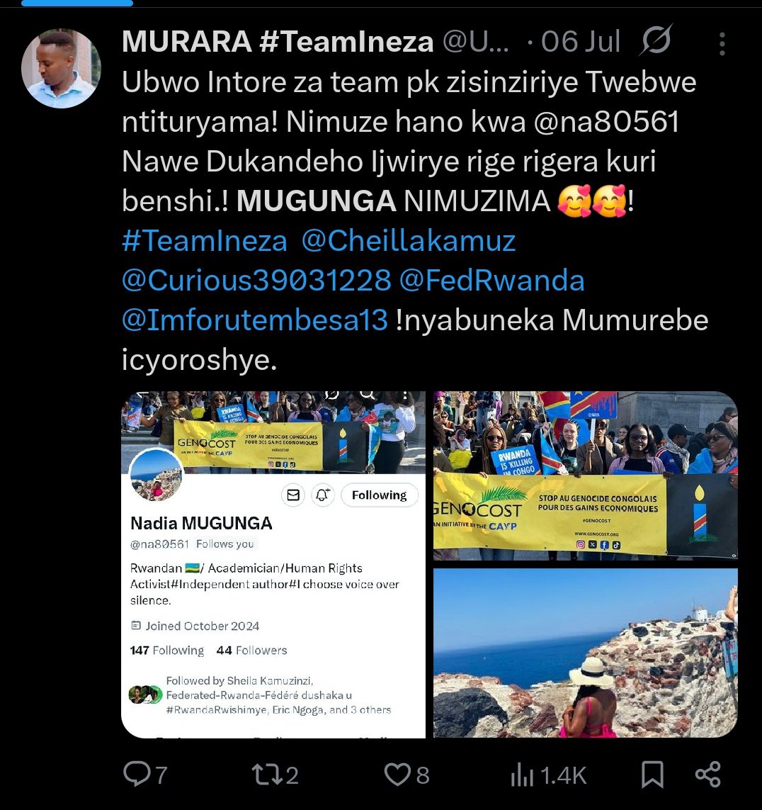 Mureke urujijo <a href="/Nadia_MUGUNGA1/">Nadia MUGUNGA</a>  first account yagiye Mureke Twongere dukore utuntu Twacu.<a href="/Nadia_MUGUNGA2/">Nadia_MUGUNGA</a> Iyi account mukandeho ntabwo ari catfish  Mugire vuba knd <a href="/sheilakamuzinzi/">Sheila kamuzinzi 🇷🇼🇸🇬</a> <a href="/Curious39031228/">Ingabire ya Safari #TeamIneza</a> <a href="/46sd8r8pyh/">Ndumunyarwanda</a> <a href="/hirwa1135/">HiRwA</a> <a href="/kubahonukubanaa/">Rwanda Rugari👊</a> <a href="/RwabishRukara/">Rukara Rwabish⛰️🏔️</a> !Twagiye Nadia Ni Uwacu🥰🥰