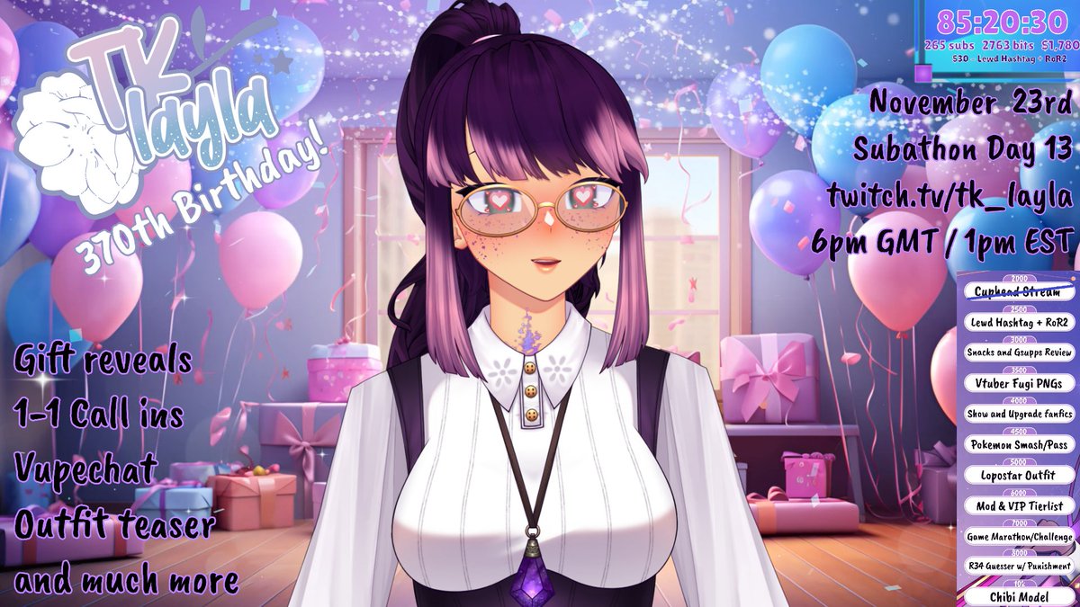 Birthday stream happening later today!
We'll be teasing the new outfit and its release date, seeing if we can sneak onto Vupechat's roaming convention bot, hear from some friends, and much more!

It'll also be day 13 of the subathon!
And also allows me to watch BuffPup's debut ^^