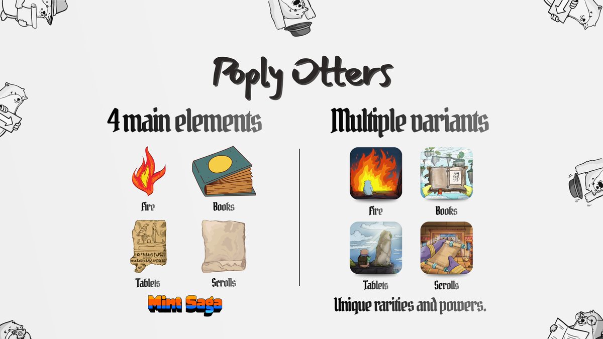 poply_xyz's tweet image. Welcome to Poply Otters Mint Saga. 
The mint will be the most unique on @monad

Every minter will receive 1 of 4 Elements packed with secrets, puzzles, &amp;amp; rare powers.

Each element has many unique variants, from winter books to golden tablets, making some more rare than others.