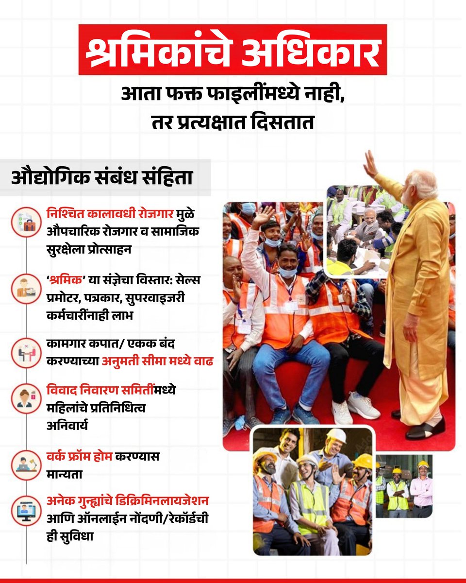 4 नवीन श्रम संहितांची अंमलबजावणी, भारतीय कामगारांसाठी एका नवीन युगाची सुरुवात असेल. किमान वेतन व वेळेवर वेतन यांची सुनिश्चिती, आणि श्रमिक सुरक्षेचा विस्तार हे सर्व या एका निर्णायक नेतृत्वाचा परिणाम आहे. या कल्याणकारी निर्णयासाठी आदरणीय पंतप्रधान <a href="/narendramodi/">Narendra Modi</a> यांचे आम्ही विशेष