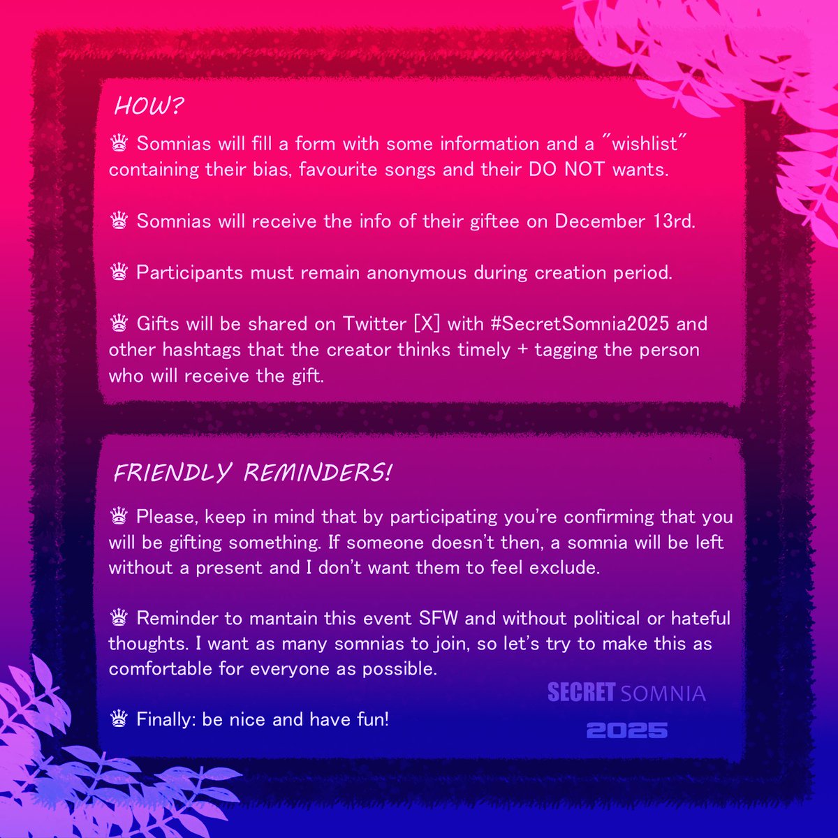 ❤ Secret Somnia is doing a comeback 💙

I will be hosting for another #Dreamcatcher "Secret Santa"!
I know things had been rough so, maybe this helps?
The gift exchange will be on Dec 25th! 

#드림캐쳐 #InSomnia

To join 🔗: docs.google.com/forms/d/e/1FAI…

Form closes DECEMBER 10TH‼️