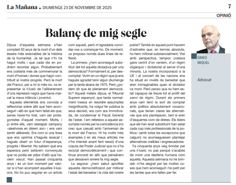 El meu article d'avui a <a href="/LaManyanacat/">La Mañana</a>, sobre la meva percepció personal del 50è aniversari de la mort del Franco.
