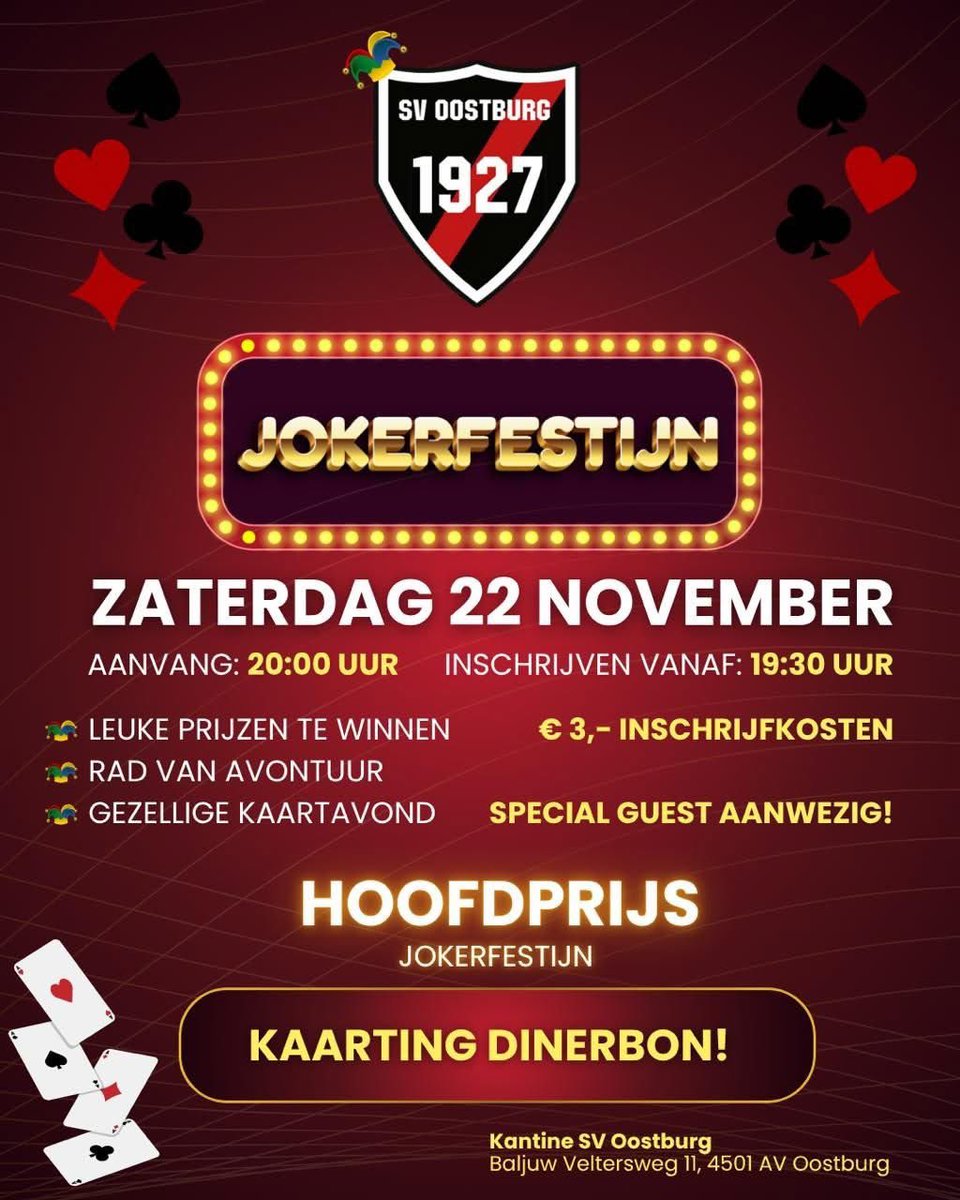 Wat was het een gezellig jokerfestijn. Dank aan de organisatie en de bezoekers. Dank aan de sponsors Koreaanse Restaurant Goo Li Zeng , Eigenwijs , Ons Dagelijks Kost , Sligro , Jumbo Breskens , Brugse Zot en Ferdy Remijn . En onze special guest had mooie cadeaus mee😃#svoostburg
