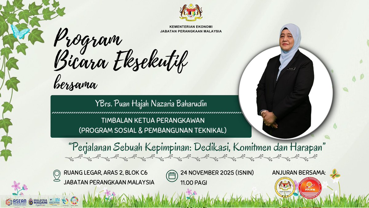 ppjpmDOSM's tweet photo. 🌟 *Program Bicara Eksekutif DOSM* 🌟

Jom bersama kami dalam sesi inspirasi Bicara Eksekutif menampilkan YBrs. Puan Hajah Nazaria Baharudin, Timbalan Ketua Perangkawan (Program Sosial &amp; Pembangunan Teknikal), yang akan berkongsi perjalanan kepimpinan beliau! https://t.co/zoMJUddwMT