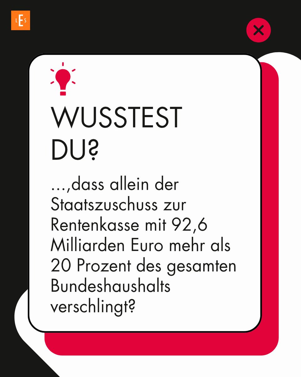 💰 Wusstest du, dass der Staatszuschuss zur Rentenkasse mit 92,6 Mrd. € über 20% des gesamten Bundeshaushalts ausmacht?

Die Analyse im neuen #ERHARDHEUTE von Prof. Dr. Roland Koch zeigt:

• Gesamtsubventionen 2024: 285,3 Mrd. €
• E-Auto-Prämien: 9,5 Mrd. €
•