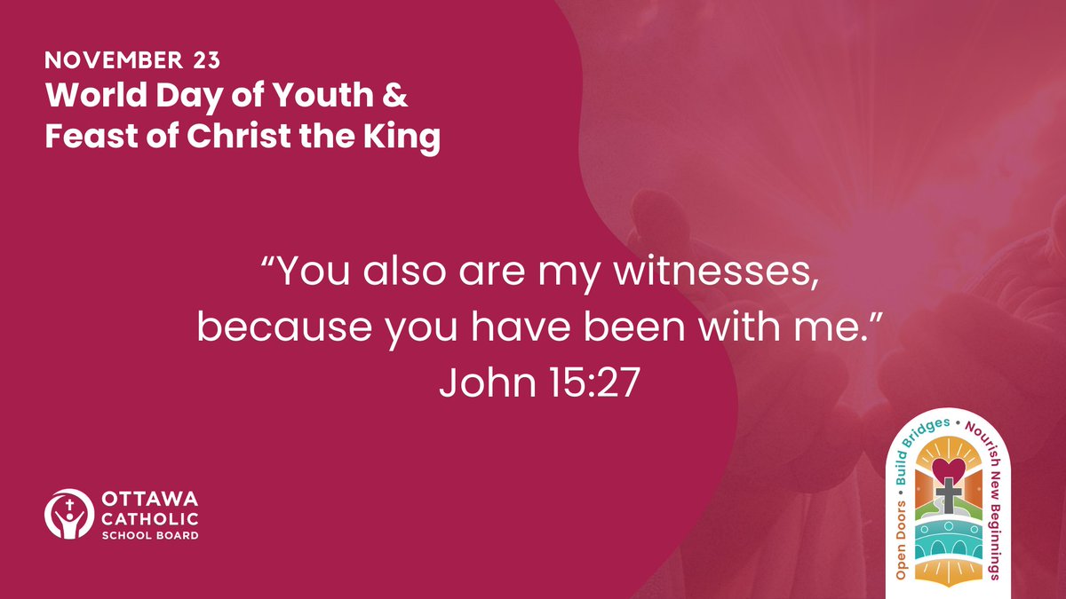✨ Today, we celebrate the World Day of Youth and the Feast of Christ the King. Let us #PrayTogether that our #OCSB students continue to shine with faith, courage, and joy as they witness Christ’s love in all they do. 🌍🙏 👑 #ocsbBeCommunity #ocsbBuildsBridges