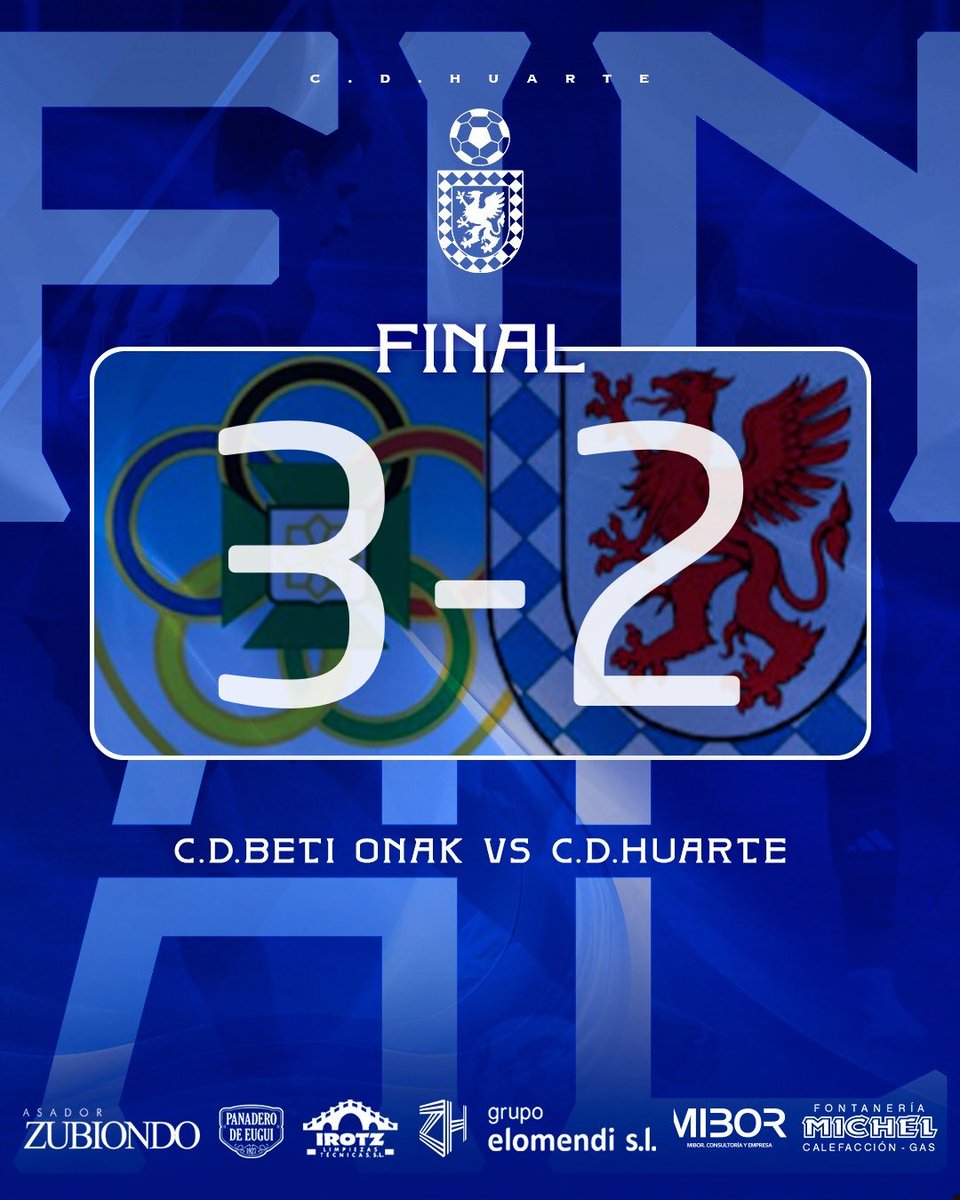 𝗙𝗜𝗡𝗔𝗟 | 🔚 90’ | 3-2 | ¡Final del #BetiOnakHuarte en Peritos! ⚔️

Derrota del primer equipo tras recortar distancias hasta dos veces en el descuento. 

#TodoAlAzul | #TerceraRFEF 🏆