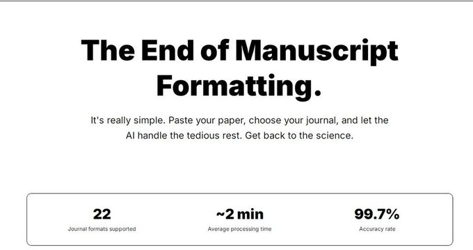 موقع FormatMyPaper يقدم حلاً لتنسيق الأوراق العلمية وفق معايير النشر الأكاديمي. يمكن للباحثين رفع أبحاثهم، ثم اختيار المجلة المطلوبة، والحصول على تنسيق خلال دقائق معدودة. أداة تعتمد على الذكاء_الاصطناعي وتدعم ٢٢ قالب مجلة. formatmypaper.com/?fbclid=IwY2xj…

 👇👇
