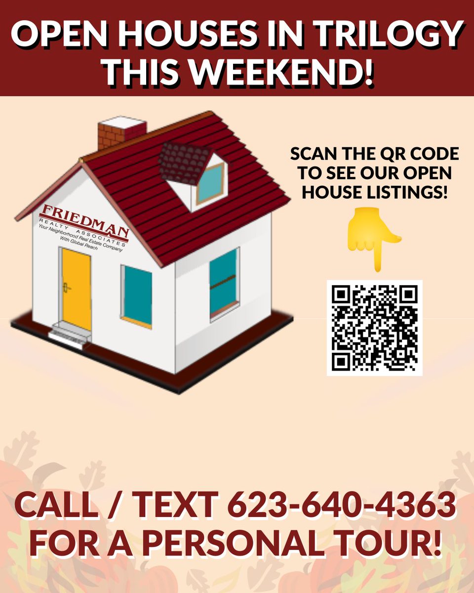 FriedmanRealty's tweet image. Visit our #openhouses this weekend — scan the QR code! #peoriahomesforsale #homesforsaleinpeoriaaz #luxuryhomes #activeadult #55pluscommunity #golfcoursehomes #yourrealtormatters #yourrealtorforlife #lovewhereyoulive #FriedmanRealtyAZ #yourlocalrealtors #yourlocalRealEstateExpert