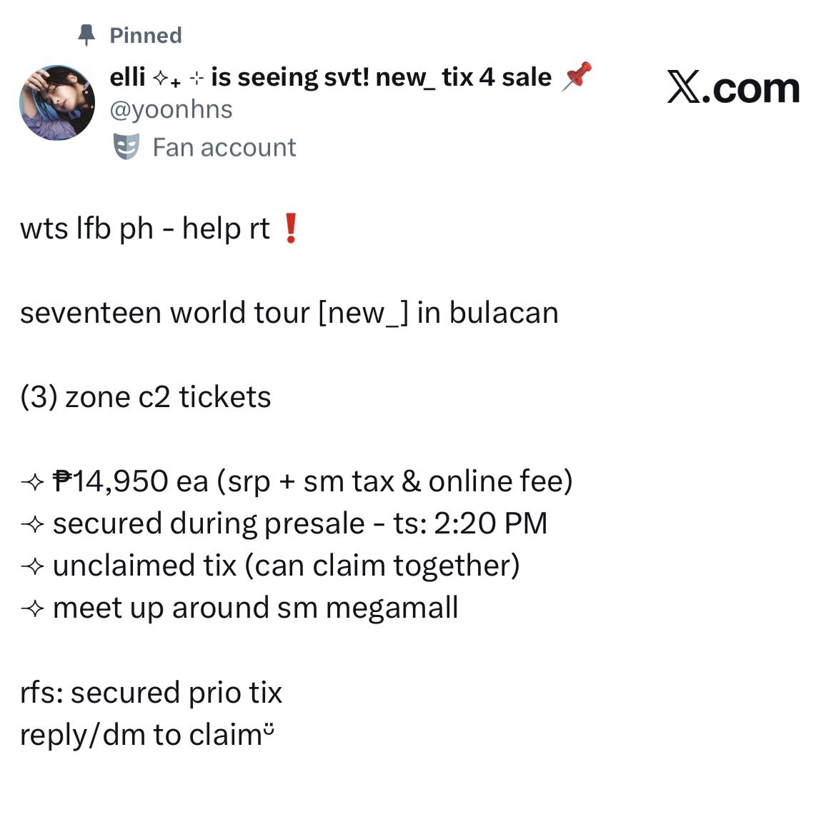 yoonhns's tweet photo. giveaway 🌟

(1) winner of ₱500❕
- (optional) mbf @yoonhns 
- like &amp; rt my pinned tweet
- reply proof below
- tag moots
- ends: once all tickets are sold!

+ (1) winner of ₱1000❕
- to the person who will be able to find sure buyer/s for all tickets! https://t.co/HmDKLZSdJU