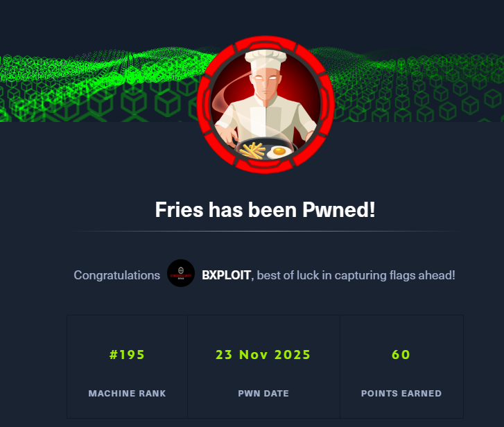 Bxploitxp's tweet image. Fries has been Pwned 🫠
labs.hackthebox.com/achievement/ma…
#HackTheBox #fries