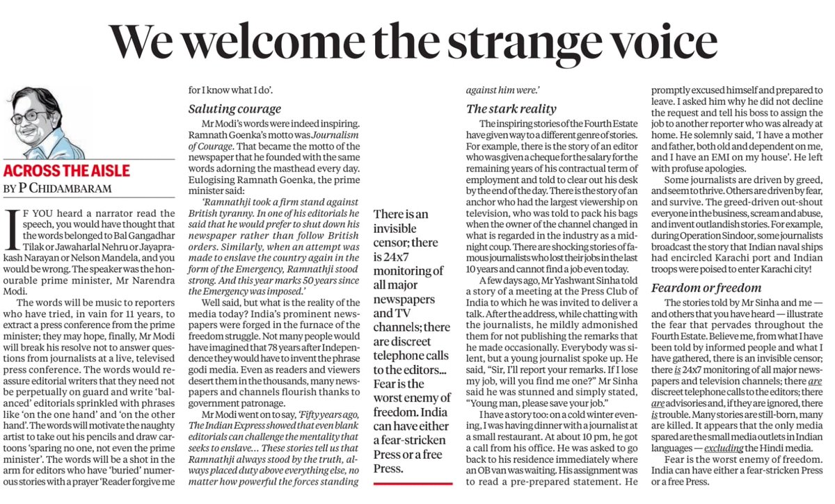 Rajmalhotrachd's tweet image. Chidambaram’s @PChidambaram_IN argument that India faces an “invisible censor”, 24×7 monitoring, discreet calls, chilling fear, structural coercion — and that India must choose: a fear-stricken Press or a free Press. 

Through this 🧵  let's try to dissect the truth

#FreePress