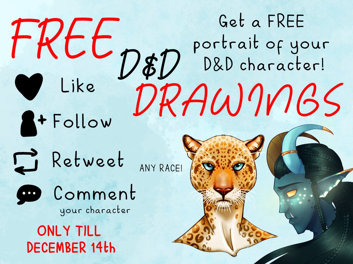 ‼️ART RAFFLE‼️
Get a portrait of your dnd character FOR FREE!
4 winners!
Any race allowed! I want to have several examples of different races for my commission sheet.
HOW TO APPLY
-Like
-Follow
-Retweet
-Comment your DnD character
OPEN UNTIL DECEMBER 14
#artmoots #artraffle