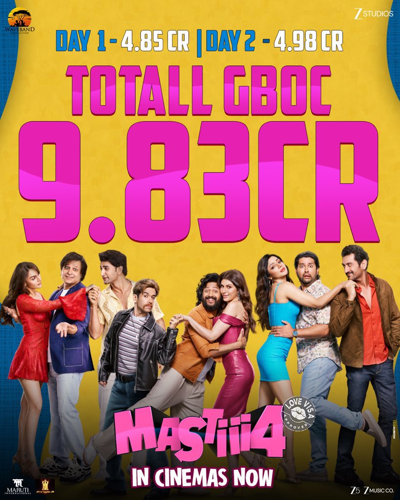 <a href="/Riteishd/">Riteish Deshmukh</a> #Mastiii4 continues its box office run with a steady hold.
Day 1 - ₹ 4.85 Crore
Day 2 - ₹ 4.98 Crore
Total of 2 days: ₹ 9.83 Crore