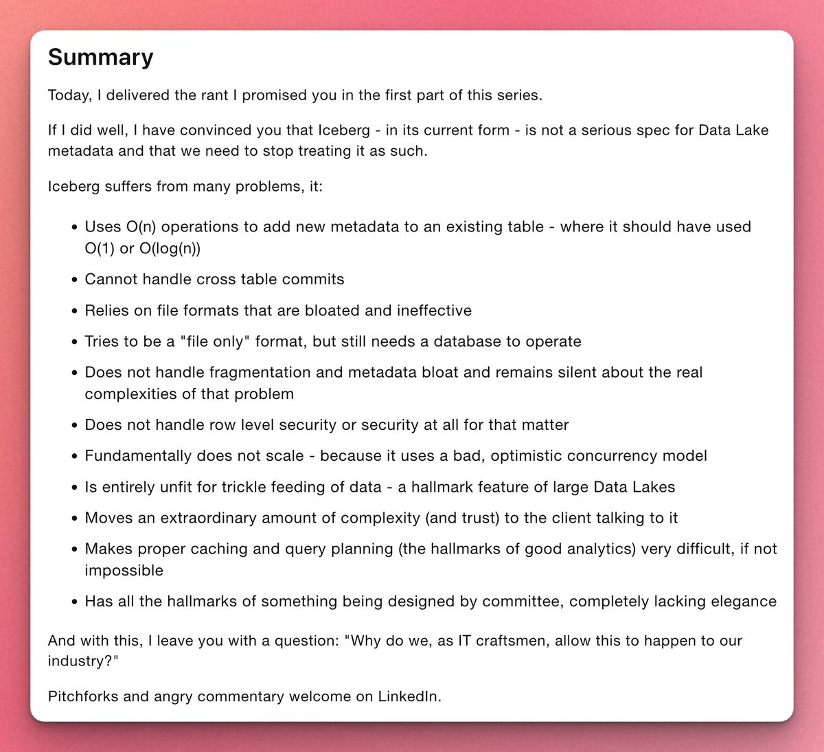 BdKozlovski's tweet image. Some interesting critique on Apache Iceberg 👇