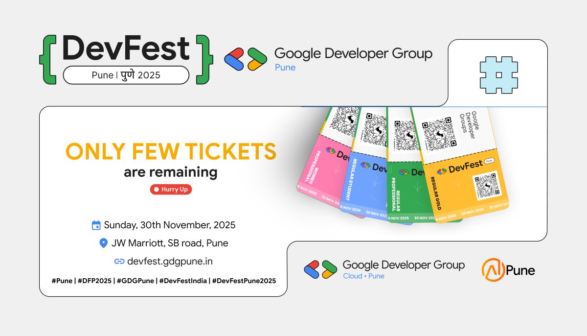 GDGPune's tweet photo. Limited availability alert!🚨
Only a few tickets remain for DevFest Pune 2025 secure your spot today 🎟️
For more details: https://t.co/52DfFqSUXo
#DevFestPune #DFP2025 #GDGPune #Devfest2025 https://t.co/HCNwmdp9G0