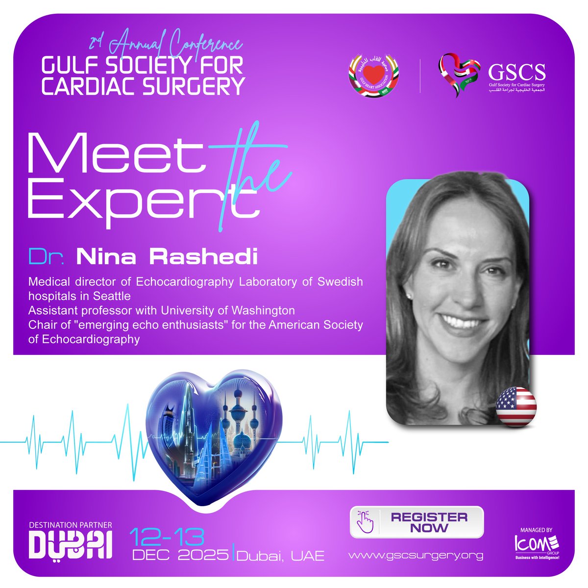 GSCSurgery's tweet photo. Excited to welcome Dr. Nina Rashedi to the #GSCS Annual Conference 2025!
With her renowned work in advanced echocardiography and leadership in imaging innovation, she will bring key insights that elevate clinical practice.
For Registration:  https://t.co/sGpgDBp91t https://t.co/6xJClFbHes