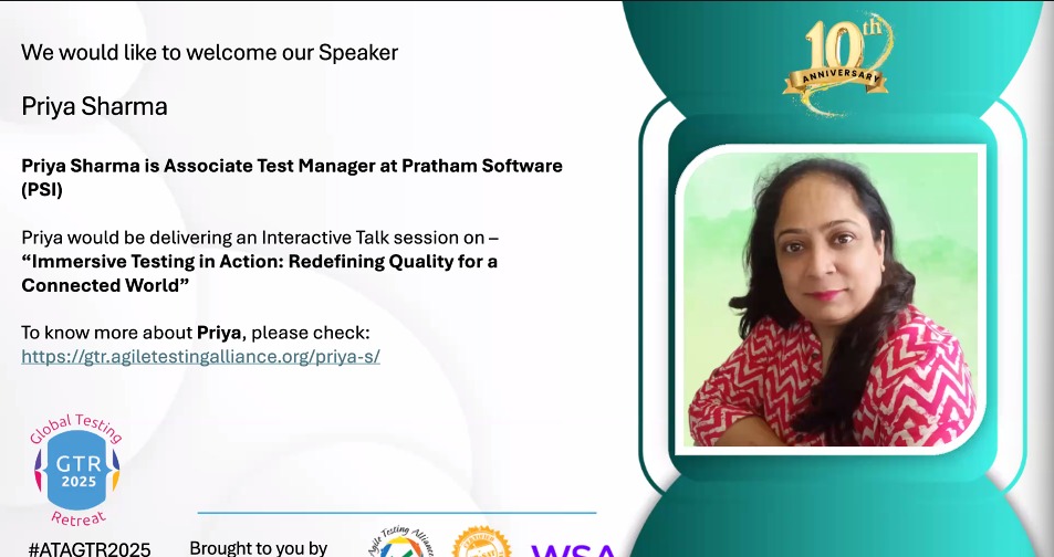 TestingRetreat's tweet image. DAY-2 TRACK-2:Immersive Testing in Action: Redefining Quality for a Connected World by Priya Sharma an inspiring session. #ATAGTR2025 #10th_Edition #VIRTUALCONFDAYS #WSA
@AgileTAlliance
@adigindia
@Tietoevry
@QAMENTOR1
@ISquareIT
@SelectorsHub
@TheTestChat
@WS_Audiology