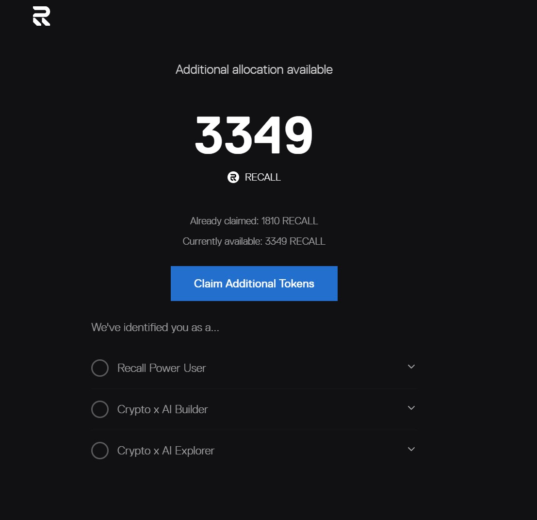 recall质押代币的有福了😭😭😭，可以领每个月的忠

诚质押者的福利了，依然和最初领空投一样，选择不同的

领取日期，获得不同的份额，不过需要满足一定条件。 <a href="/recallnet/">Recall</a> 

 • 您必须在 11 月 15 日快照之前质押您的空投配额。

 • 你必须在 10 月 15 日至 11 月 15 日期间在 Recall