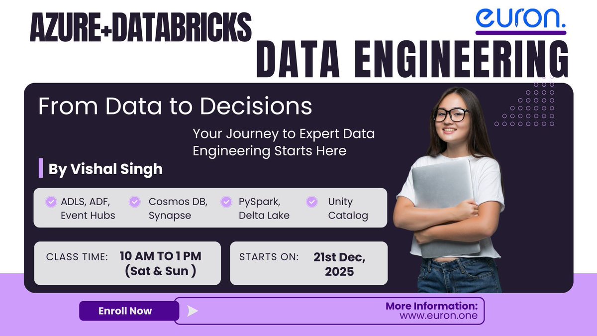 09sudhanshukuma's tweet image. Jumpstart your data engineering career! 
Learn Azure &amp;amp; Databricks hands-on in our 3-month live bootcamp starting Dec 21. 
Build real projects, get certified &amp;amp; access exclusive job support. 

enroll now :euron.one/course/azure-d… 

#DataEngineering #Azure #Databricks #EuronPlus