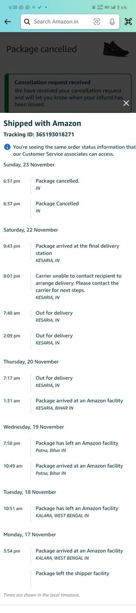 Prjpt4's tweet photo. "Ordered shoes from Amazon on Nov 17th. Delivery date was Nov 21st but no call or update. Had to cancel order today on Nov 23rd - very bad experience @AmazonIN."
@amazonIN @AmazonNews_IN https://t.co/4ctIkCfWsh