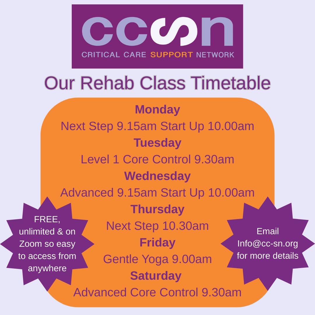 Our rehab classes are FREE &amp; UNLIMITED for ICU patients &amp; their families They're on zoom so can be accessed from anywhere You'll need to book an induction with our trainer Jo (a physiotherapist) before you start so we can ensure they're safe for you
Email info@cc-sn.org to book